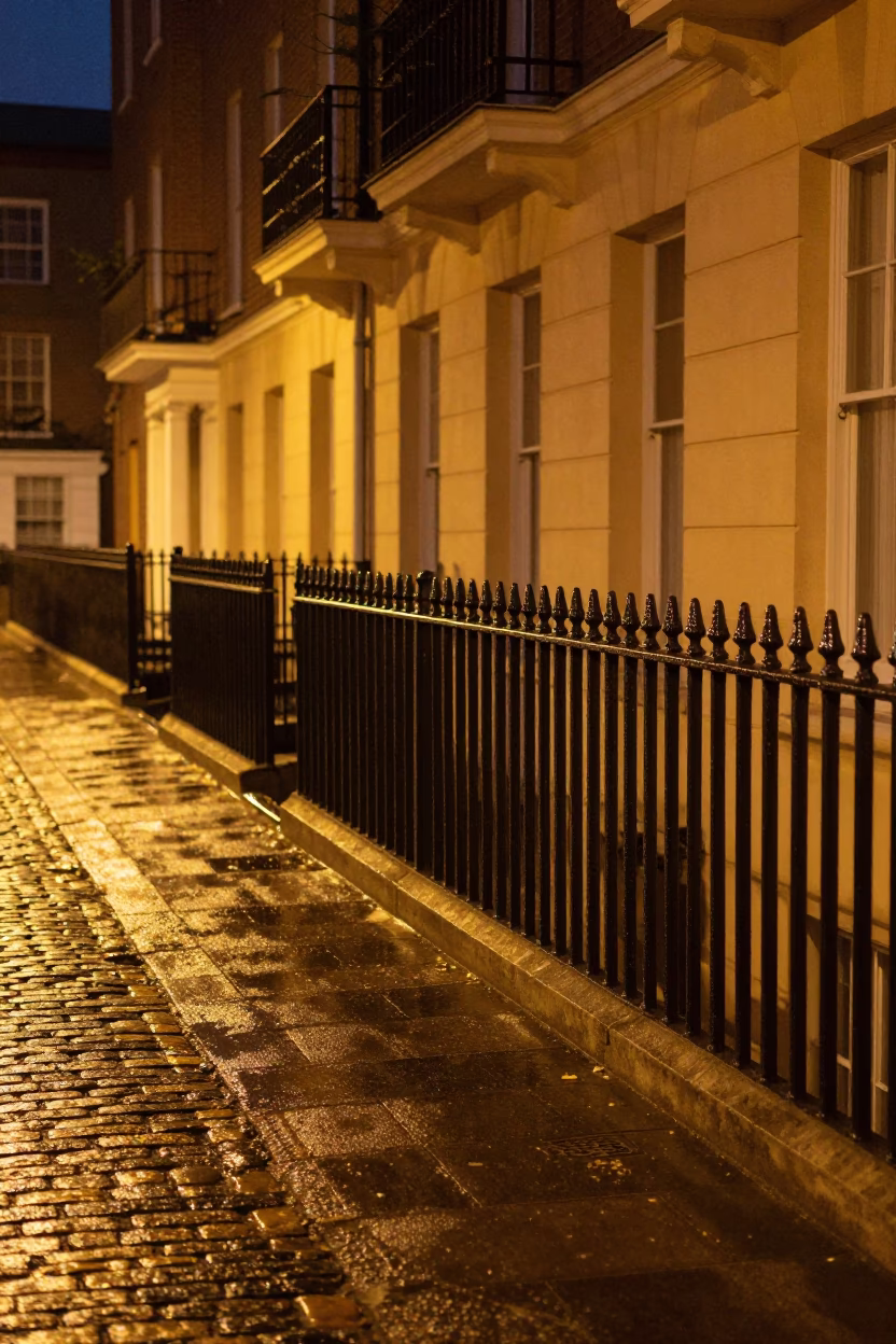 Late Night Dublin Street Scene with Cast Iron Railings and Streetlamp Glow in in Dublin, Ireland