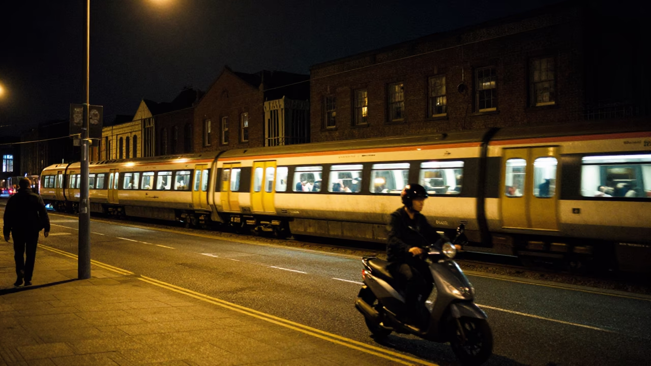 Late Night Dublin Street Scene with Commuter Train Crossing Bridge and Urban Activity in in Dublin, Ireland