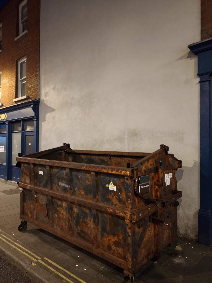Late Night Dublin Street Scene with Demolition Dumpster and Fingerprint Marks on Plaster Wall in in Dublin, Ireland