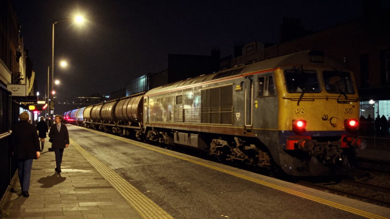 Late Night Dublin Street Scene with Freight Train Passes and Golden Ring Reflection in in Dublin, Ireland