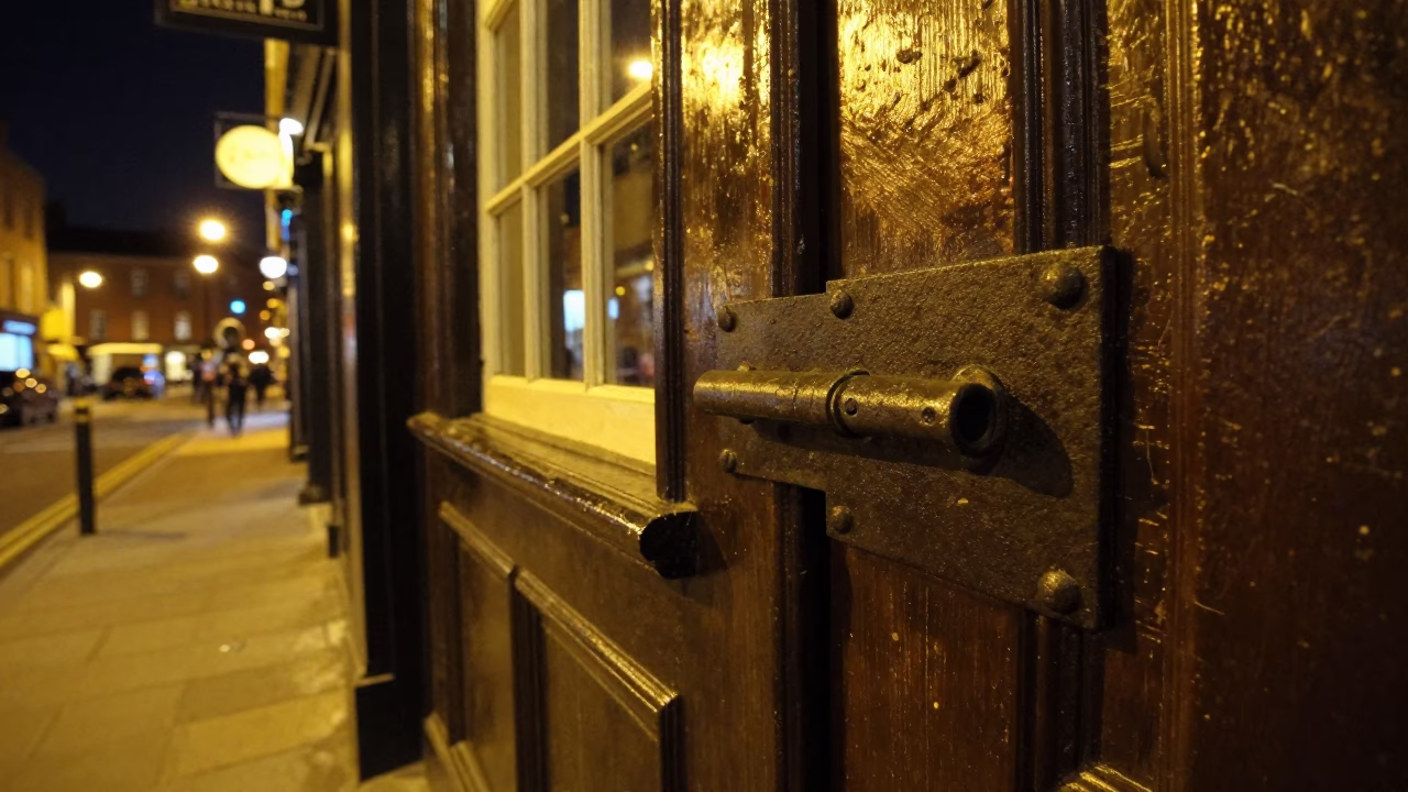 Late Night Dublin Street Scene with Iron Deadbolt and Stool Outside Traditional Pub in in Dublin, Ireland