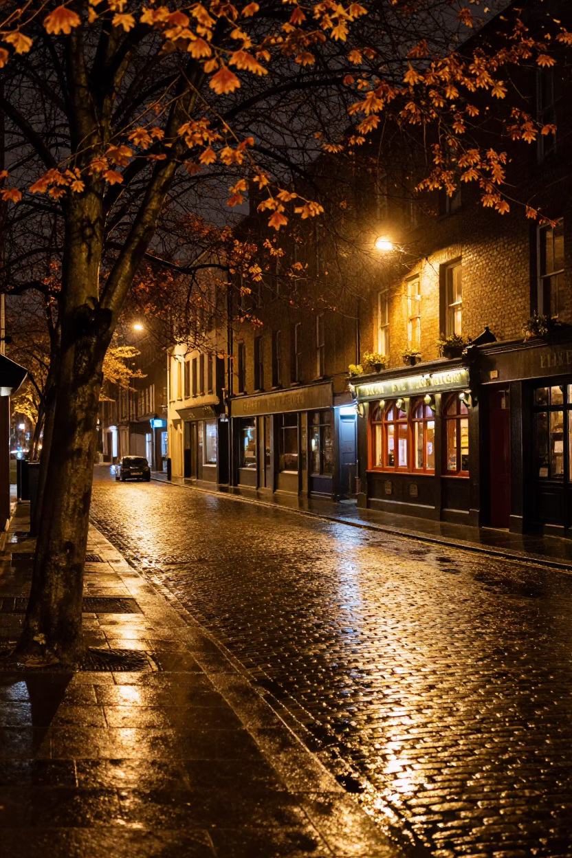Late Night Dublin Street Scene with Japanese Maple and Vintage Umbrella in in Dublin, Ireland