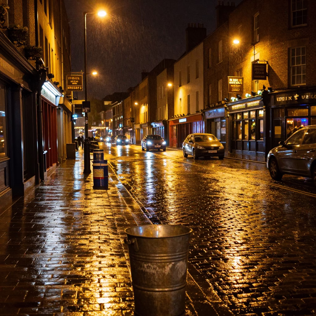 Late Night Dublin Street Scene with Metal Bucket and Umbrella Reflections in in Dublin, Ireland