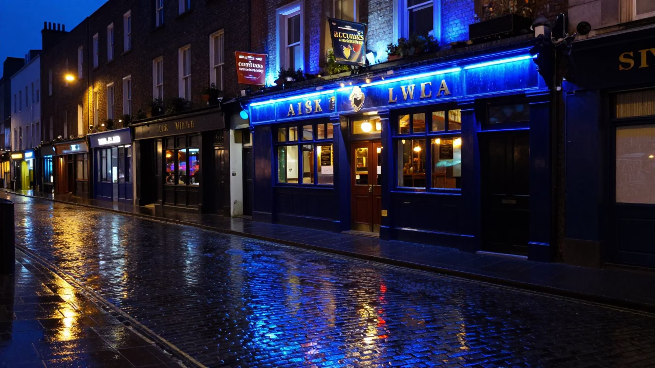 Late Night Dublin Street Scene with Neon Reflections and Urban Architecture in in Dublin, Ireland