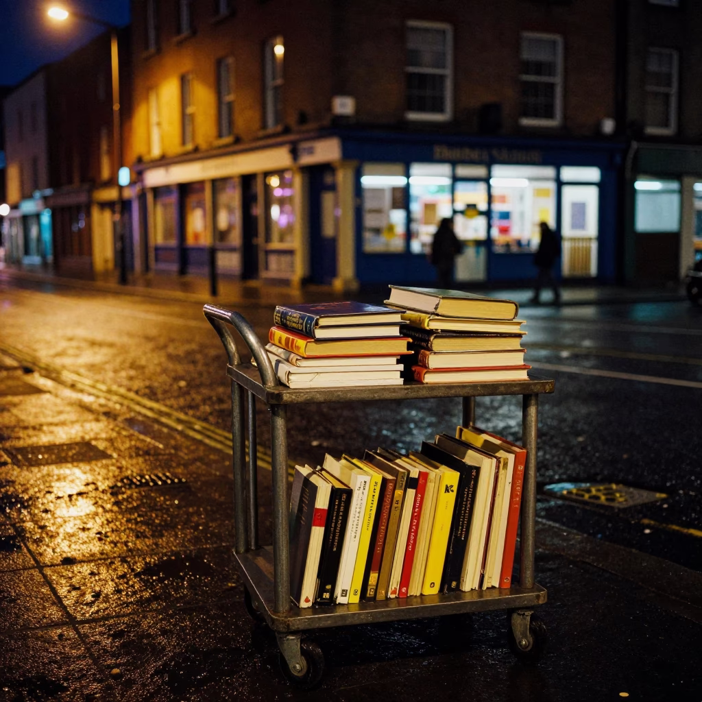 Late Night Dublin Street Scene with School Library Cart and Laboratory Stools in in Dublin, Ireland