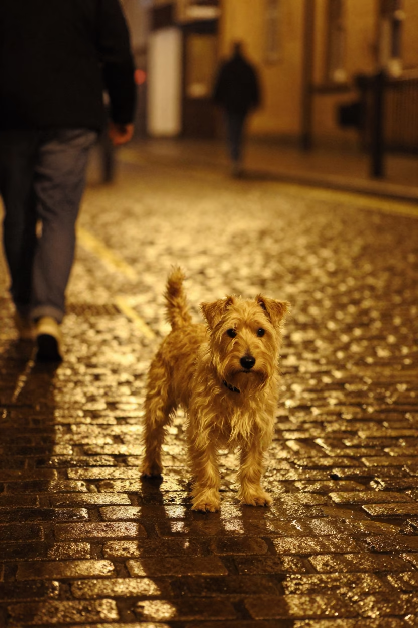 Late Night Dublin Street Scene with Soft Coated Wheaten Terrier and Night-Light Reflections in in Dublin, Ireland
