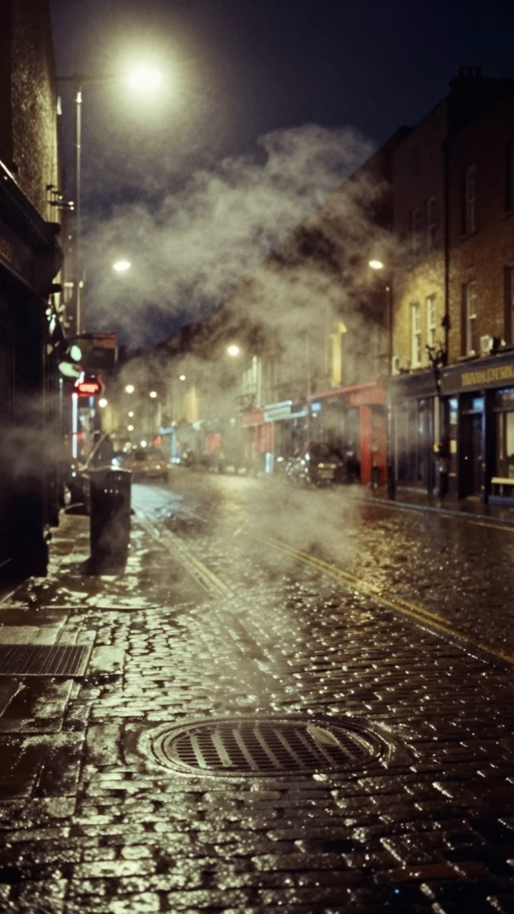 Late Night Dublin Street Scene with Steam Haze and Urban Details in in Dublin, Ireland