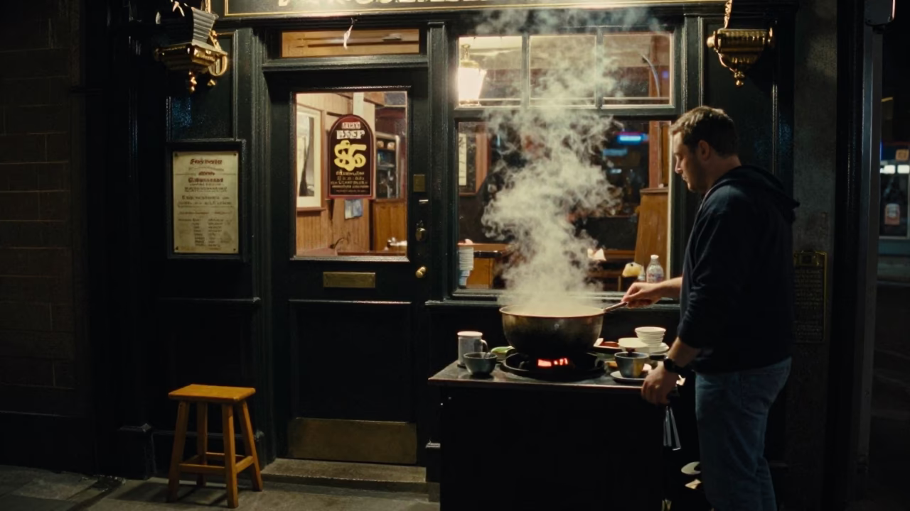 Late Night Dublin Street Scene with Steaming Pot and Wooden Stool in in Dublin, Ireland