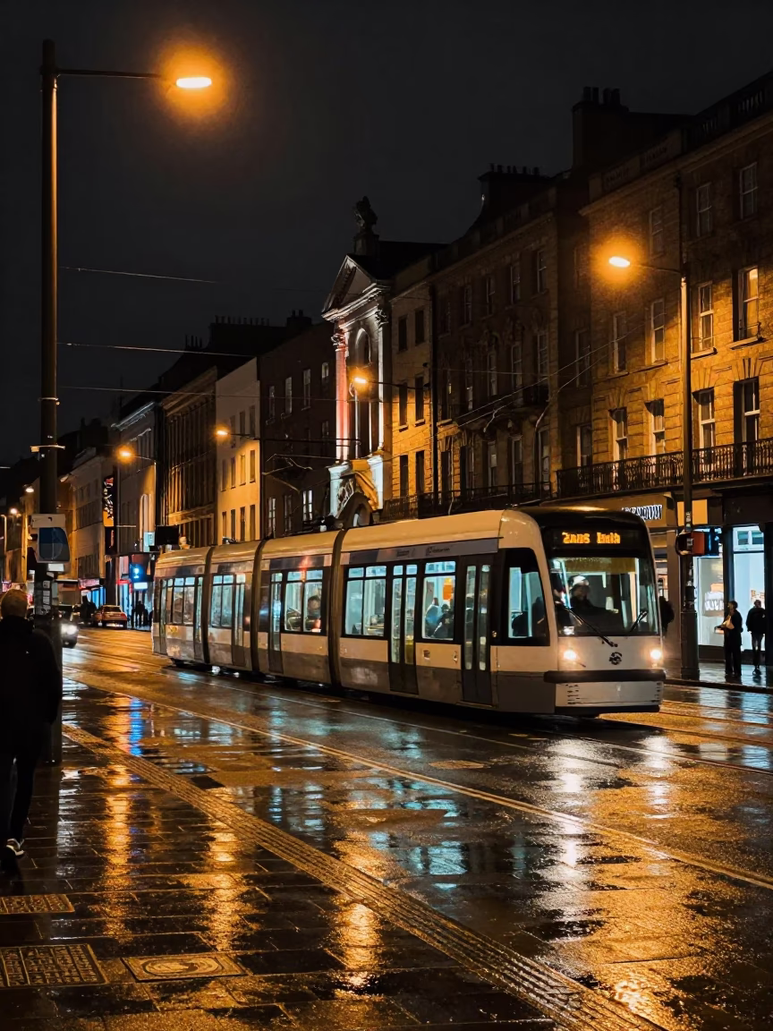 Late Night Dublin Street Scene with Tram and Art Nouveau Facades in in Dublin, Ireland