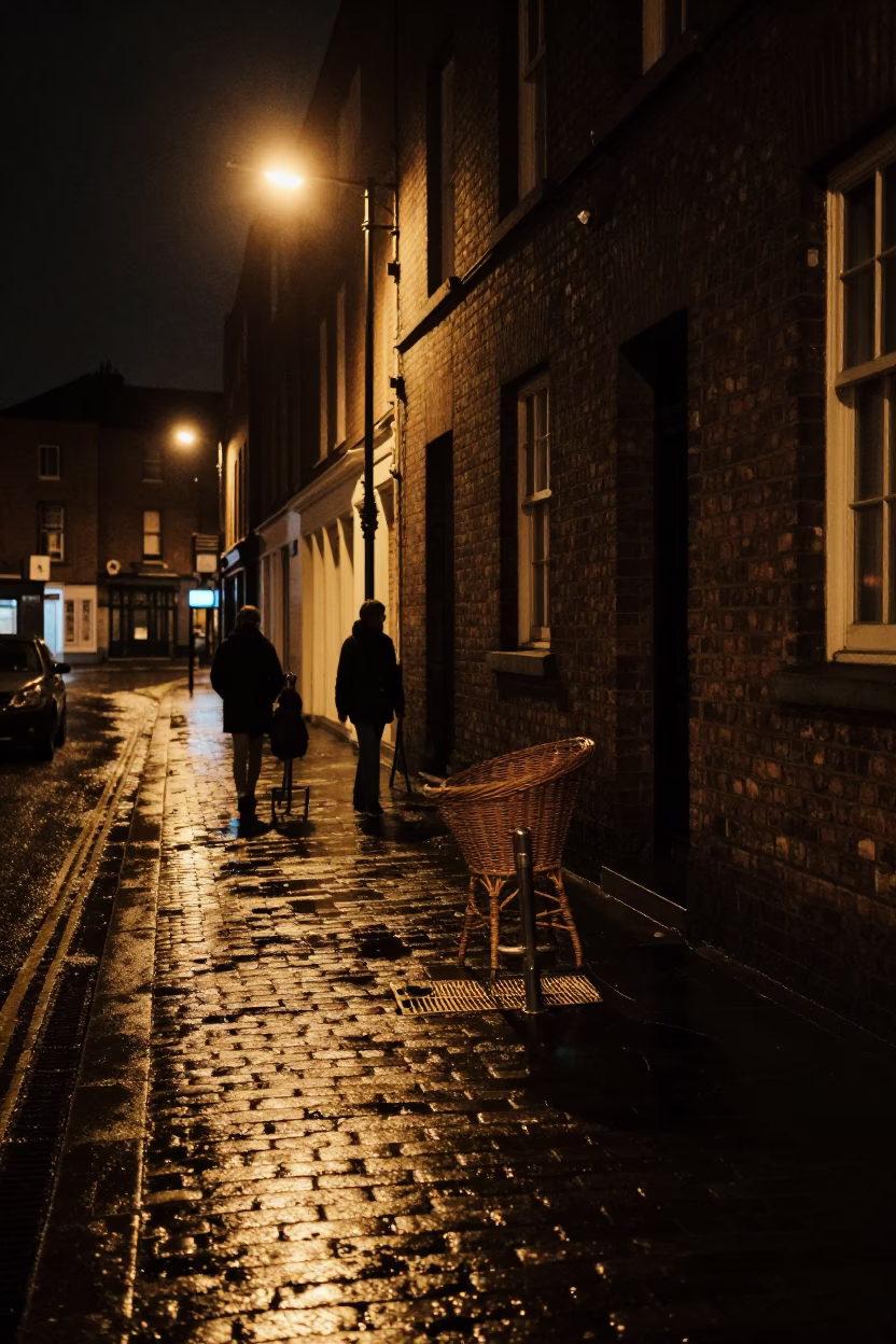 Late Night Dublin Street Scene with Turnbuckle and Wicker Shadow on Stool in in Dublin, Ireland