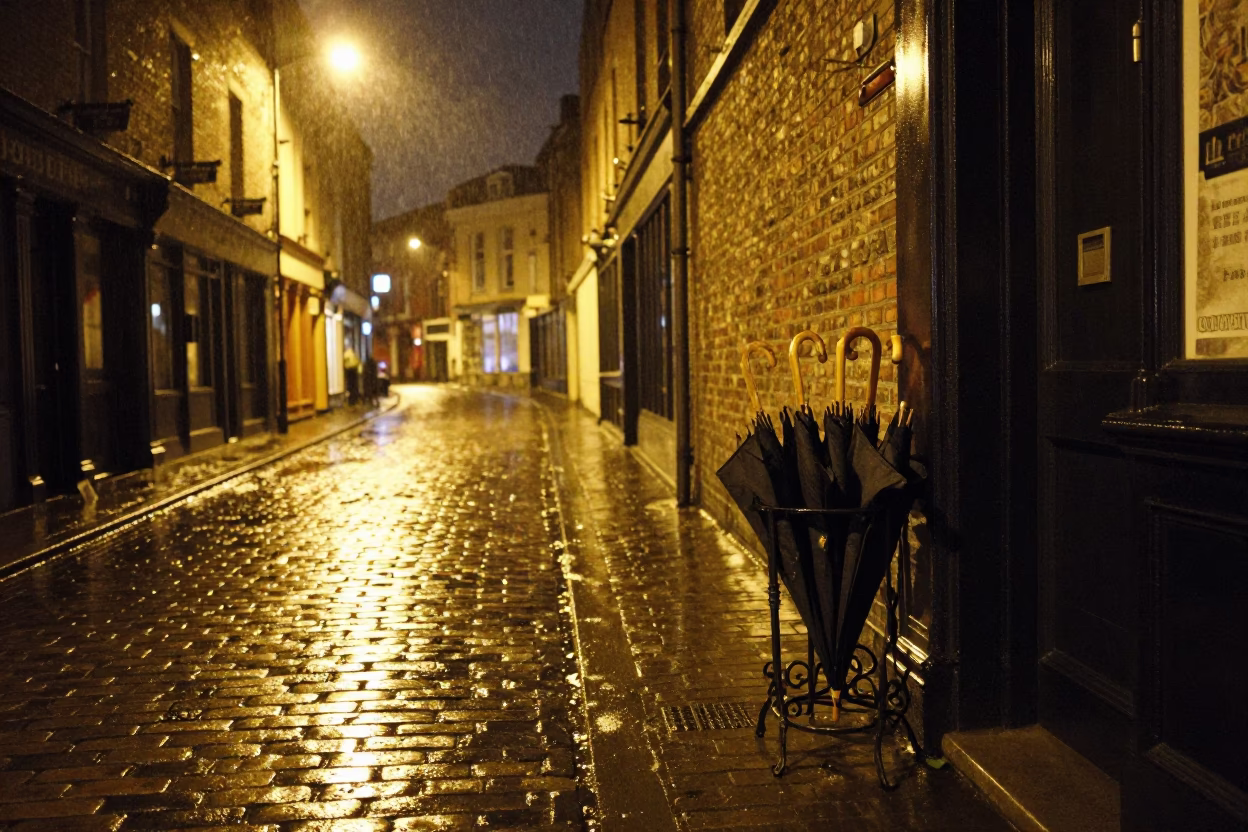 Late Night Dublin Street Scene with Umbrella Stand and Rainy Pavement Reflections in in Dublin, Ireland