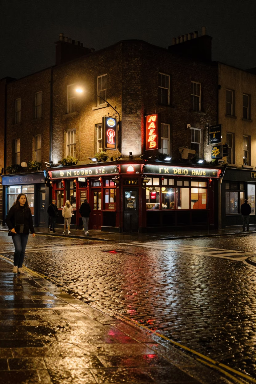 Late Night Dublin Street Scene with Vintage 1960s Charm and Local Life in in Dublin, Ireland