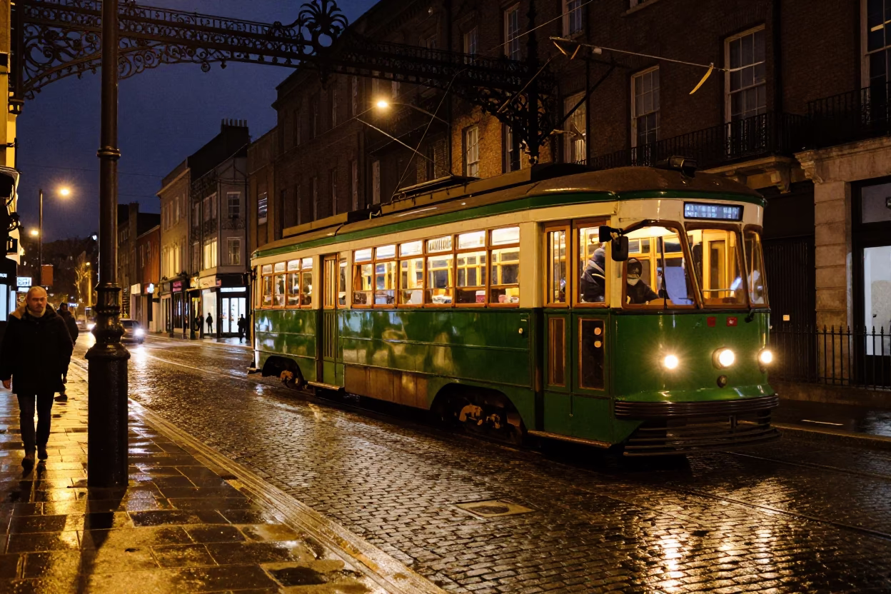 Late Night Dublin Street Scene with Vintage Tram and Art Nouveau Architecture in in Dublin, Ireland
