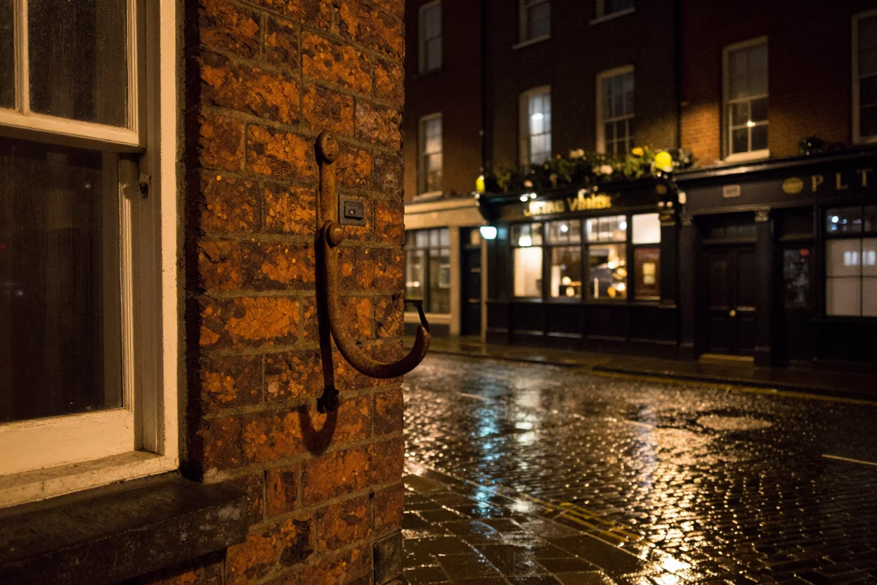 Late Night Dublin Street Scene with Wall Hook and Condensation on Glass in in Dublin, Ireland