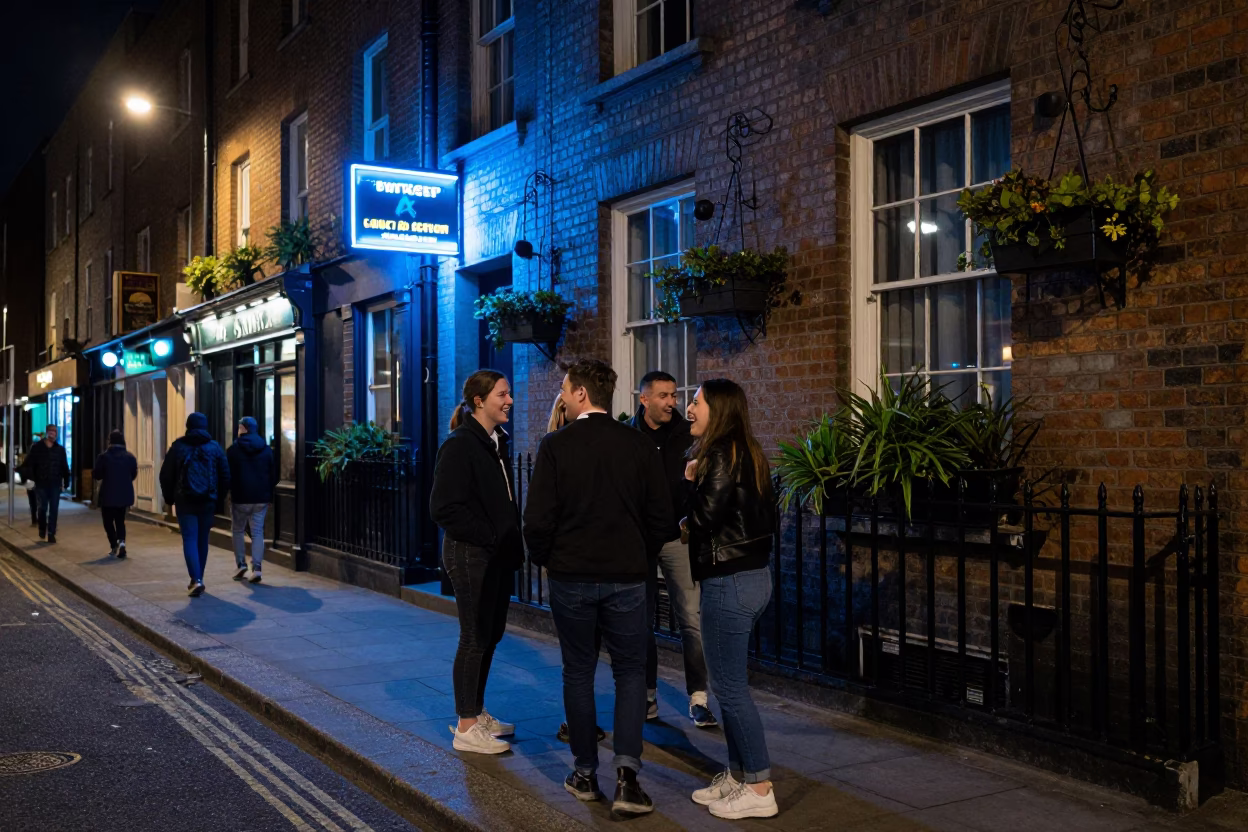 Late Night Dublin Street Scene with Window Box and Paper Lanterns in in Dublin, Ireland
