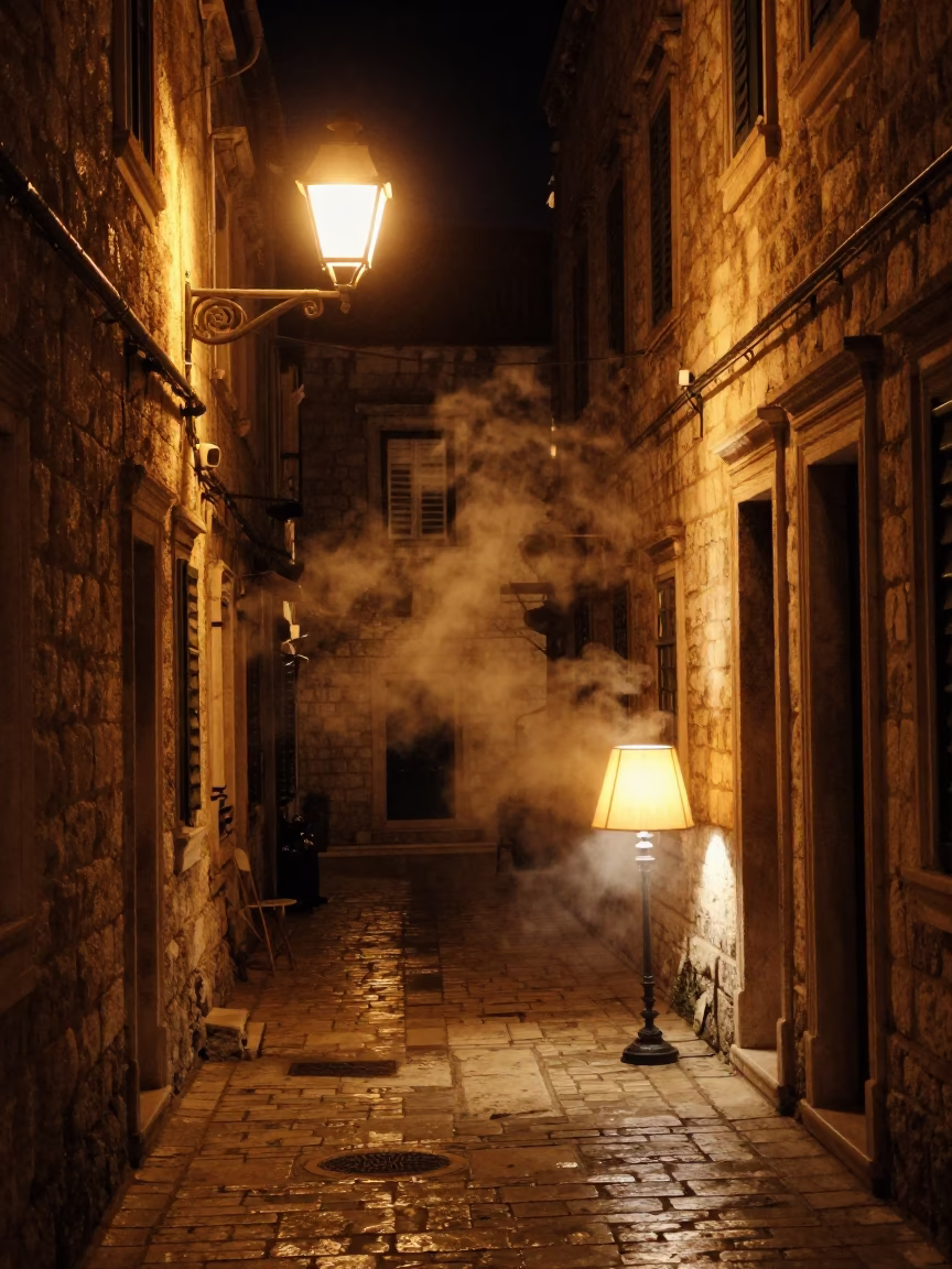 Late Night Dubrovnik Alleyway with Steam Haze and Lampshade in in Dubrovnik, Croatia