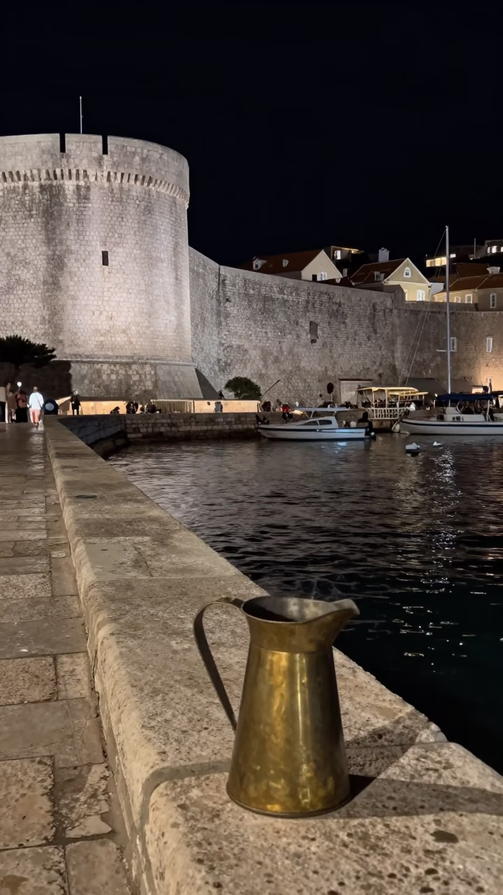 Late Night Dubrovnik Harbor Scene with Pitcher and Brass Bucket on Stone Quayside in in Dubrovnik, Croatia