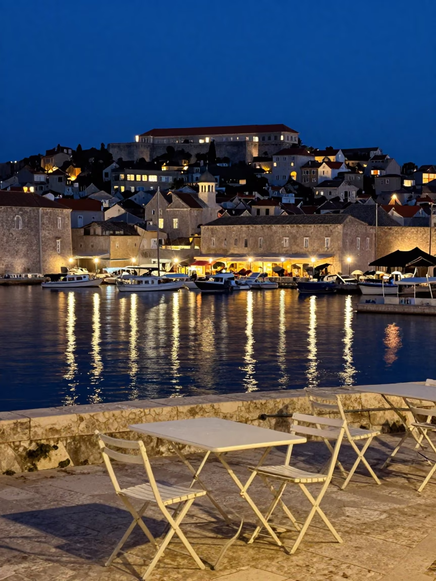 Late Night Dubrovnik Harbor String Lights Reflecting on Folding Tables by the Adriatic in in Dubrovnik, Croatia