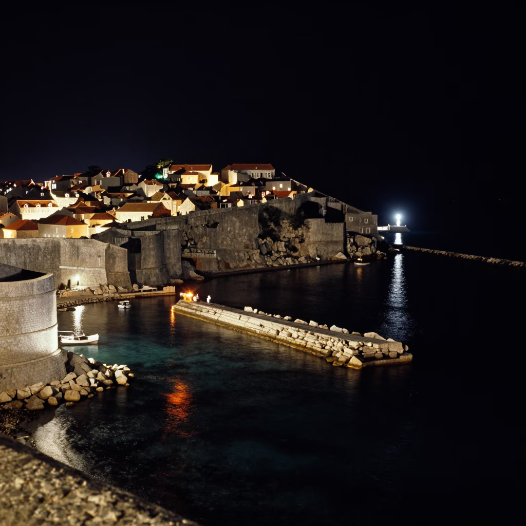 Late Night Dubrovnik Harbor View with Breakwater Curve and Beacon Light in in Dubrovnik, Croatia