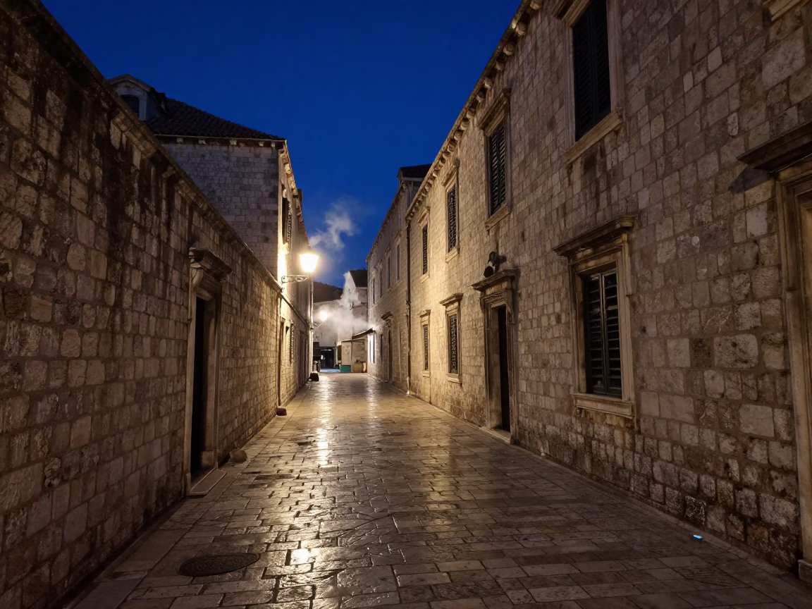 Late Night Dubrovnik Old Town Stone Alleyway With Steam Haze And Night Ambiance in in Dubrovnik, Croatia