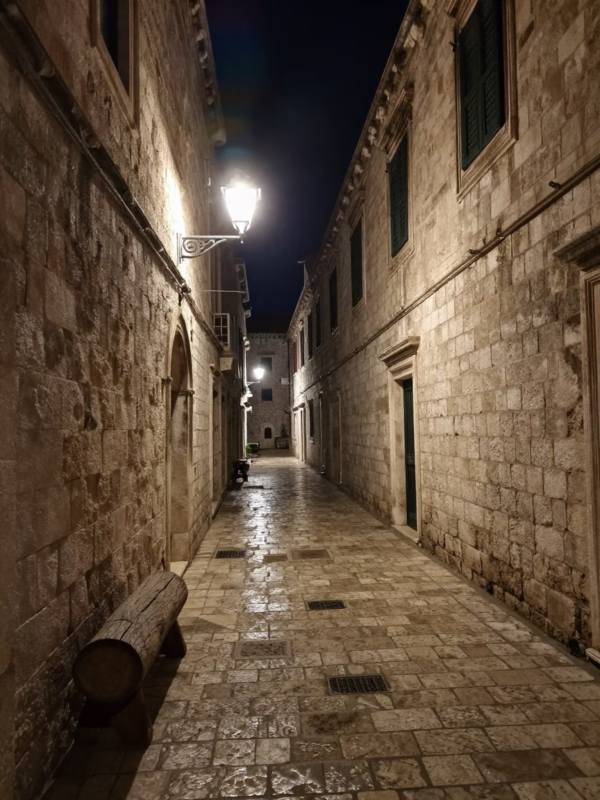 Late Night Dubrovnik Stone Alleyway with Log Holder and Seismograph on Table in in Dubrovnik, Croatia