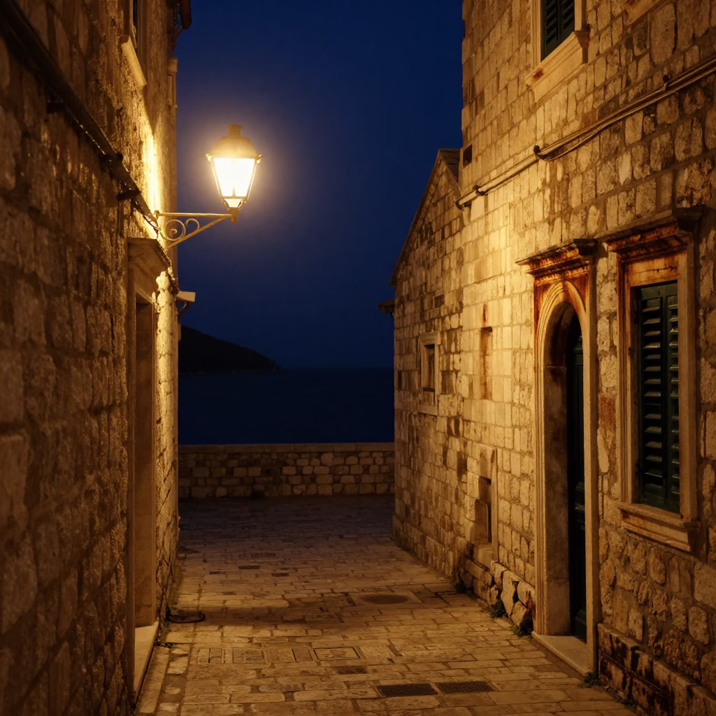 Late Night Dubrovnik Stone Alleyway with Wall Sconce and Woven Mat in in Dubrovnik, Croatia