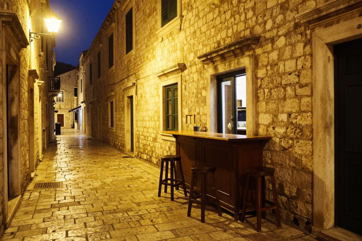 Late Night Dubrovnik Street Scene with Bar Counter and Pintxos Tray in in Dubrovnik, Croatia
