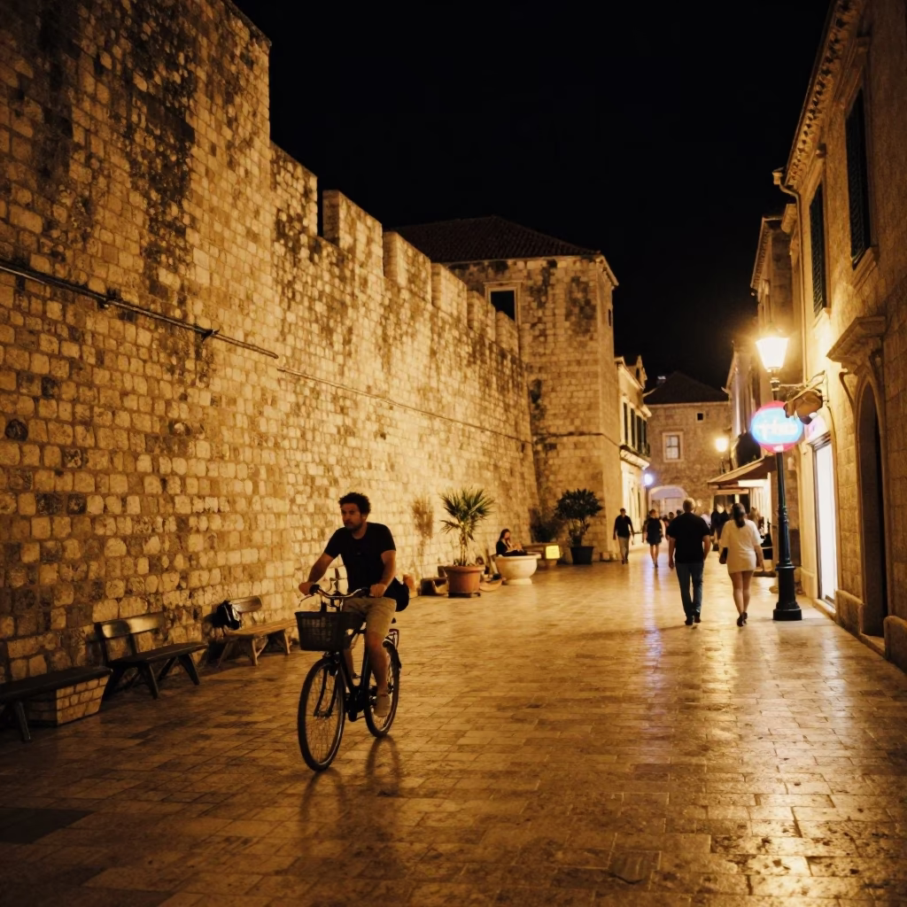 Late Night Dubrovnik Street Scene with Bicycle and Neon Reflections in in Dubrovnik, Croatia