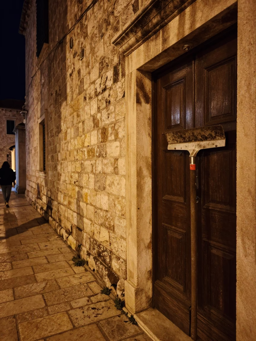 Late Night Dubrovnik Street Scene with Boot Scraper and Cobblestones in in Dubrovnik, Croatia