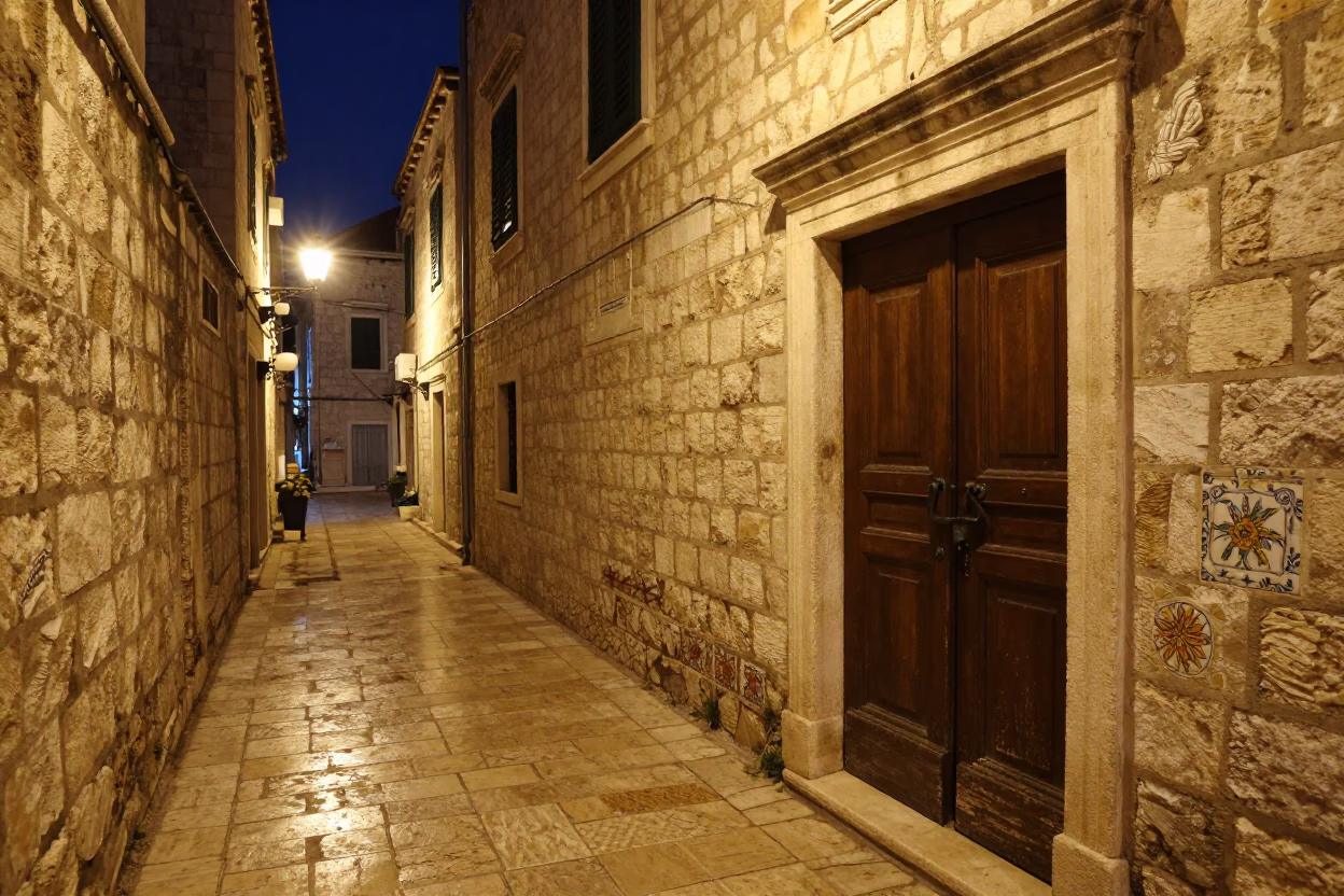 Late Night Dubrovnik Street Scene with Ceramic Tiles and Iron Door Detail in in Dubrovnik, Croatia