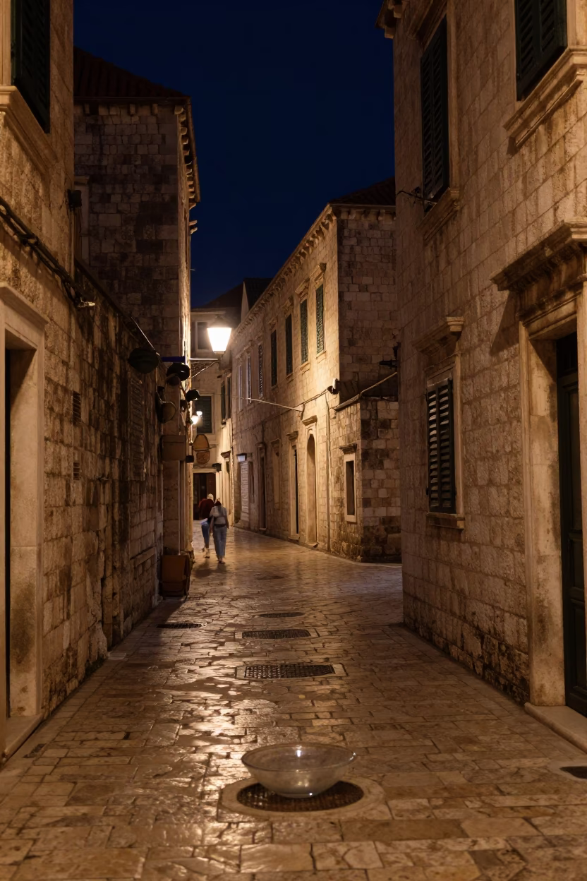Late Night Dubrovnik Street Scene with Clear Glass Basin on Cobblestone in in Dubrovnik, Croatia