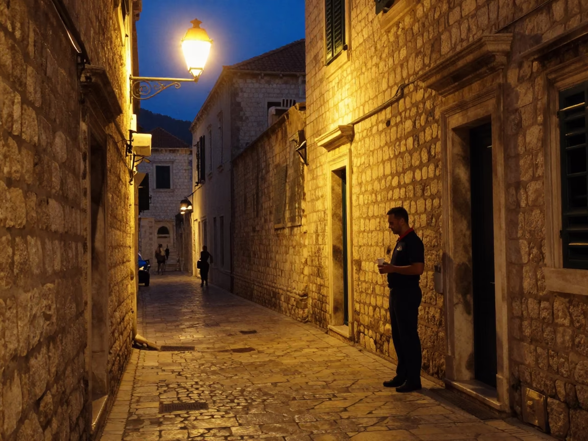 Late Night Dubrovnik Street Scene with Coffee Cup and Urban Details in in Dubrovnik, Croatia