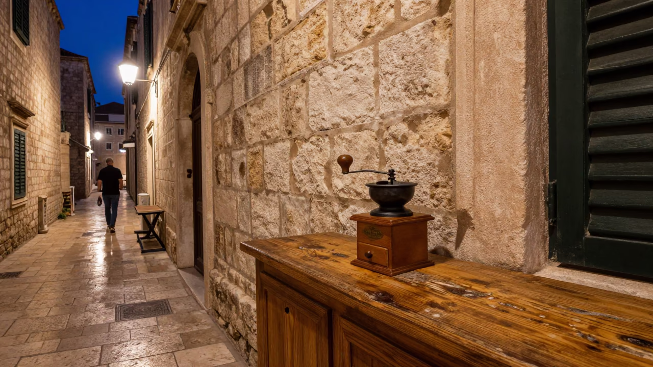 Late Night Dubrovnik Street Scene with Coffee Grinder and Blue Porcelain Plate in in Dubrovnik, Croatia