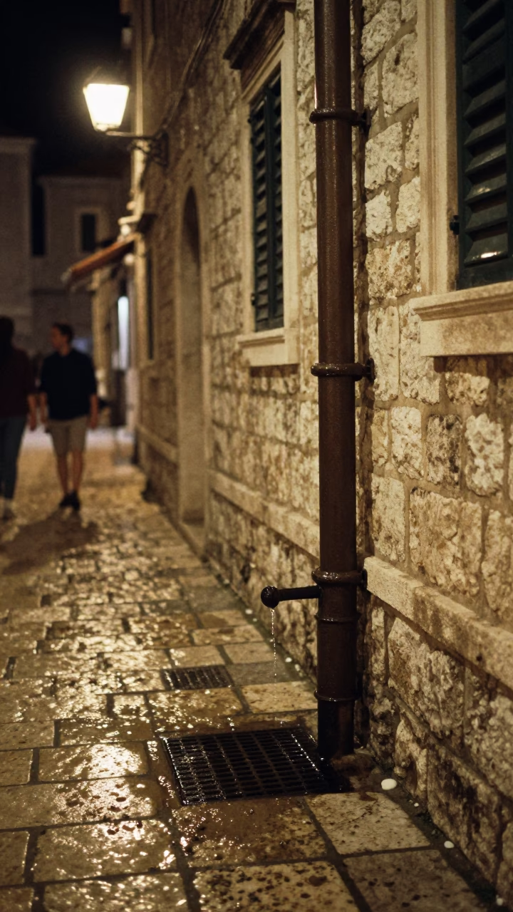 Late Night Dubrovnik Street Scene with Condensation on Drain and Cushion Cover in in Dubrovnik, Croatia