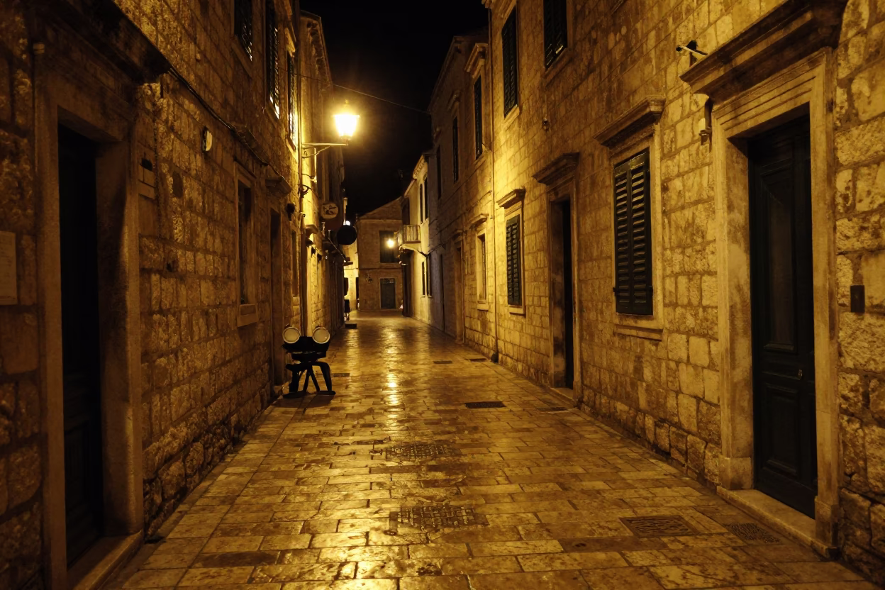Late Night Dubrovnik Street Scene with Cup and Oil Lamp Illumination in in Dubrovnik, Croatia