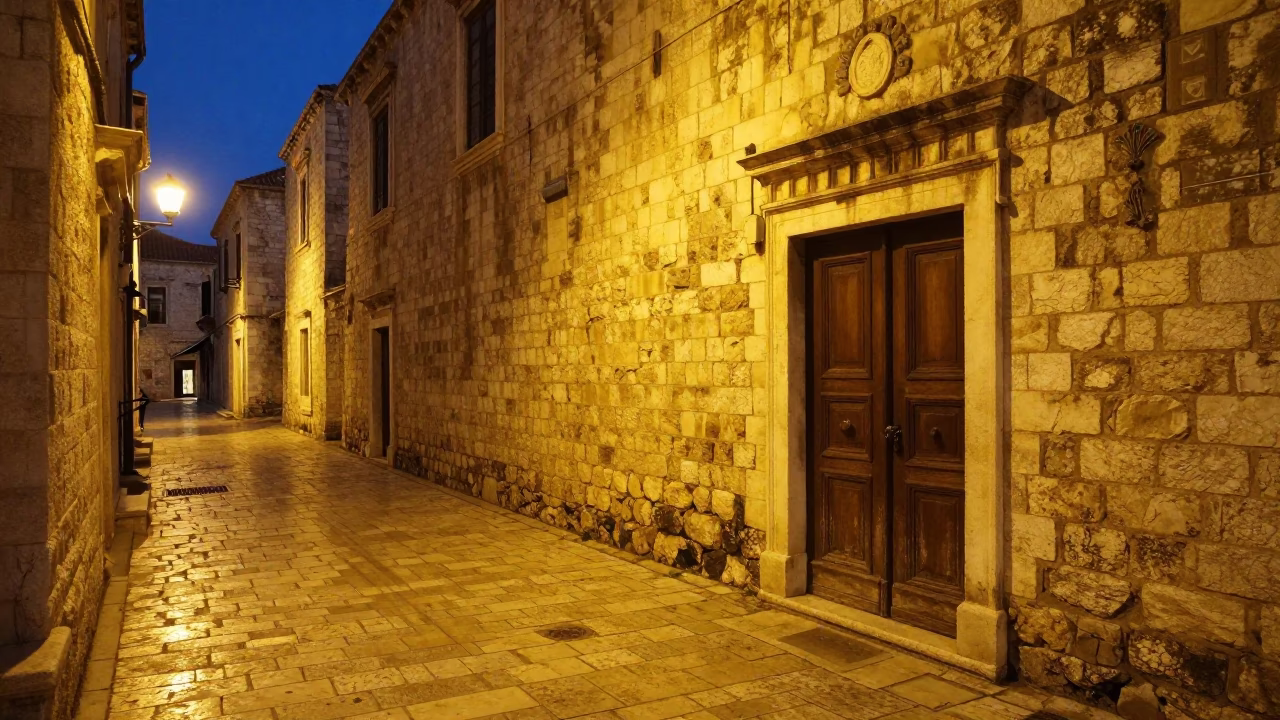 Late Night Dubrovnik Street Scene with Deadbolt and Paperback Books in in Dubrovnik, Croatia