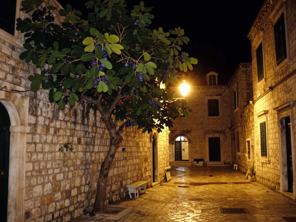 Late Night Dubrovnik Street Scene with Fig Tree and Wooden Board in in Dubrovnik, Croatia
