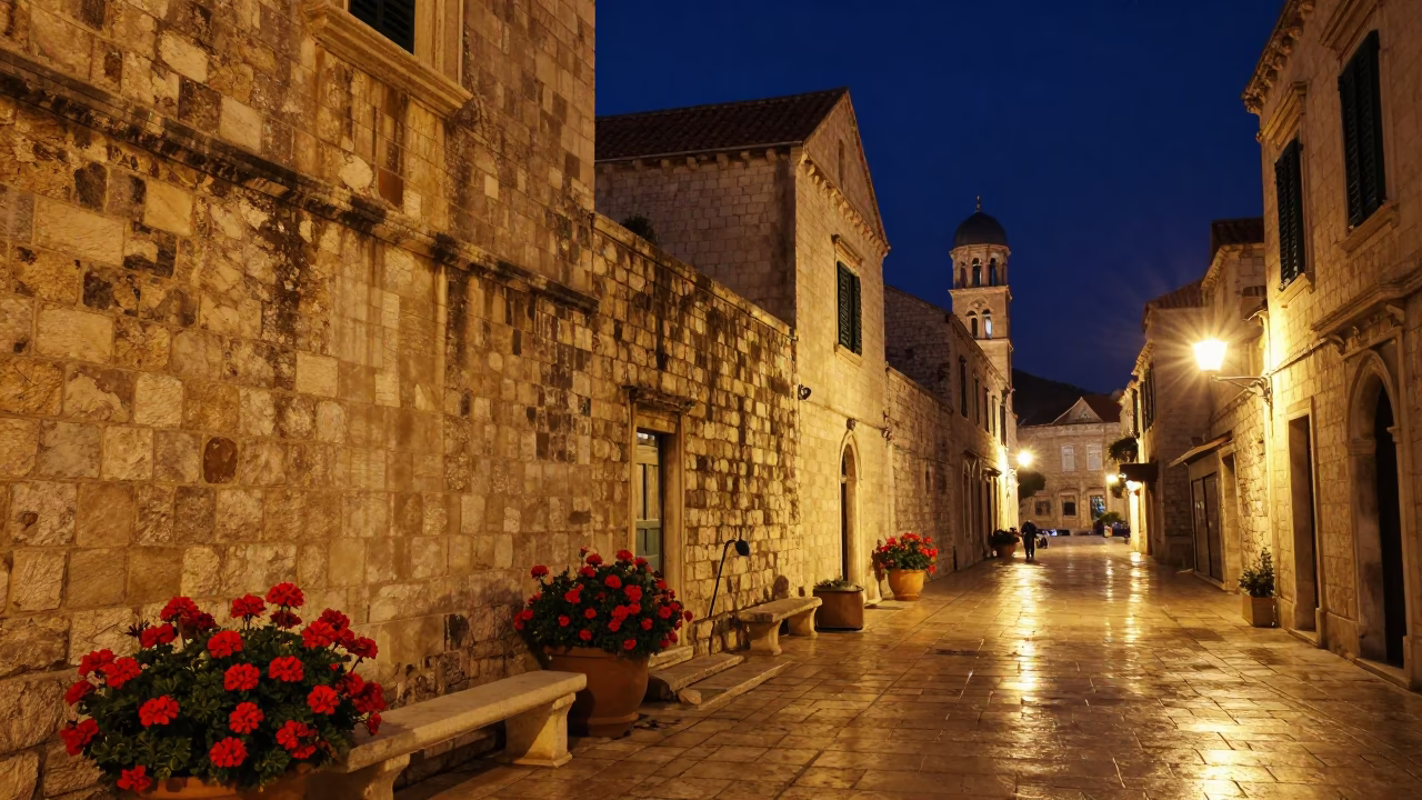 Late Night Dubrovnik Street Scene with Geraniums and Stone Architecture in in Dubrovnik, Croatia