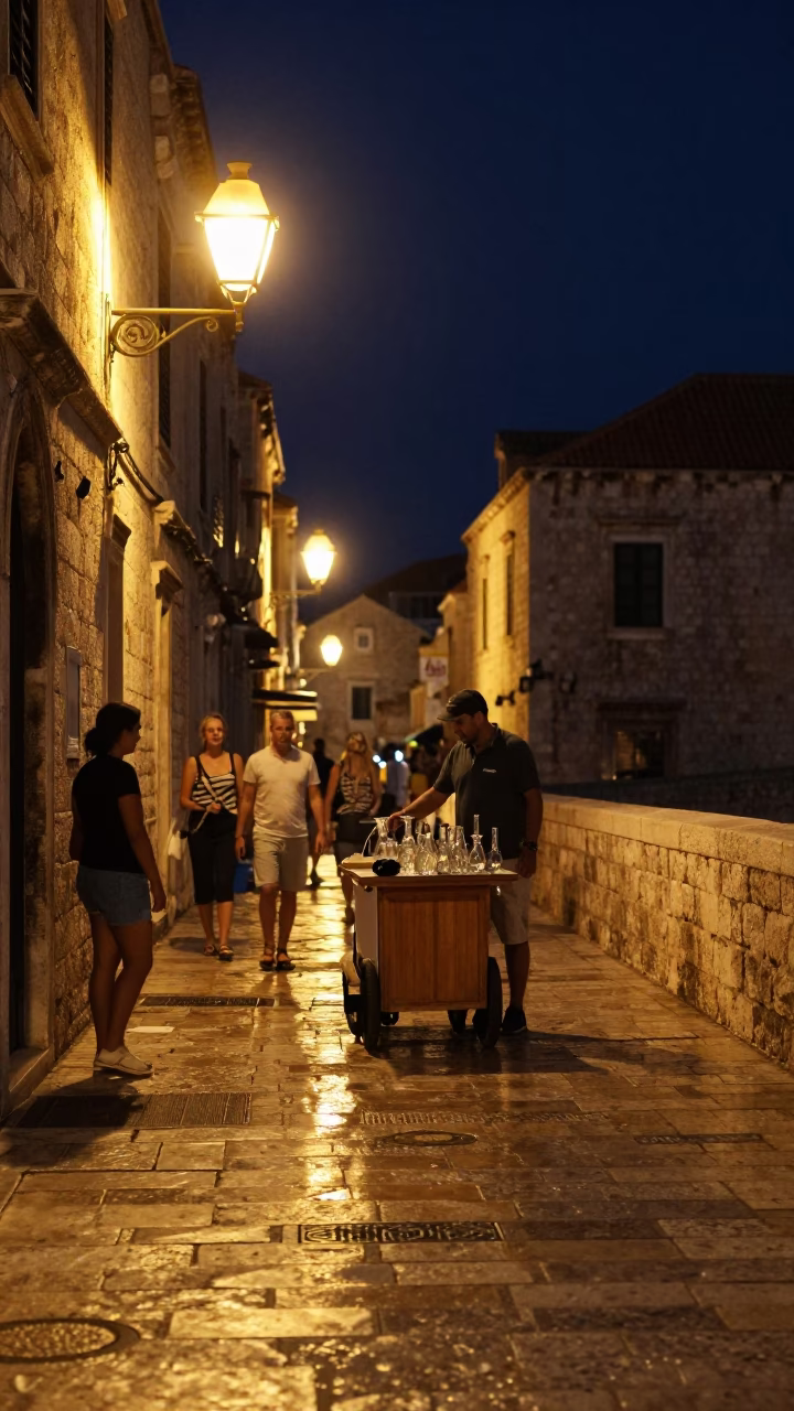 Late Night Dubrovnik Street Scene with Glass Carafe and Hinge Details in in Dubrovnik, Croatia