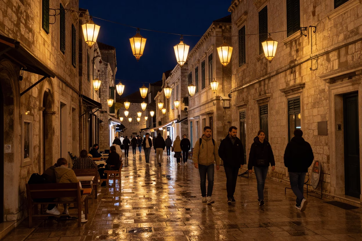 Late Night Dubrovnik Street Scene with Hanging Lanterns and Nautical Map in in Dubrovnik, Croatia