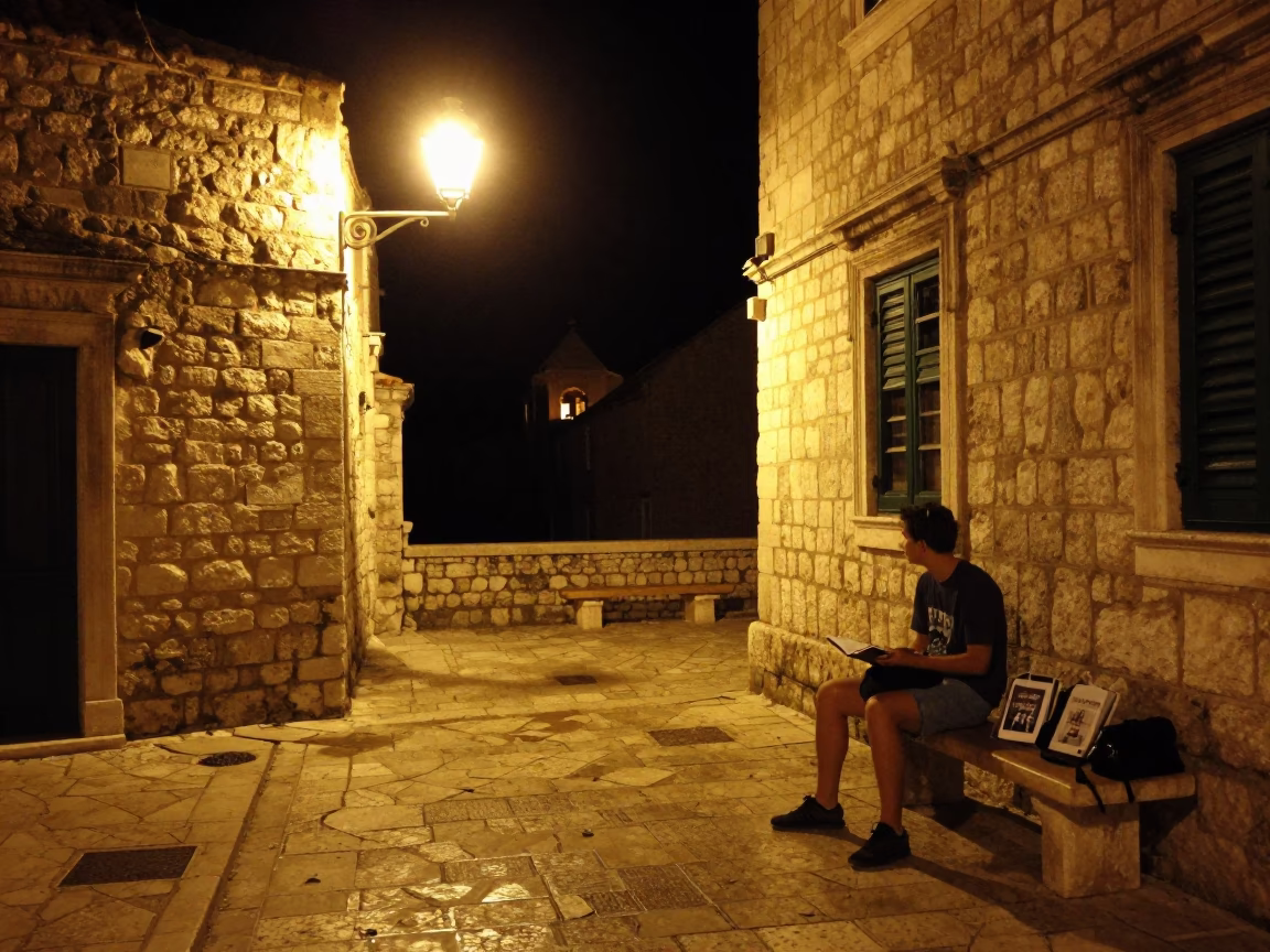 Late Night Dubrovnik Street Scene with Notebook and Parings in in Dubrovnik, Croatia