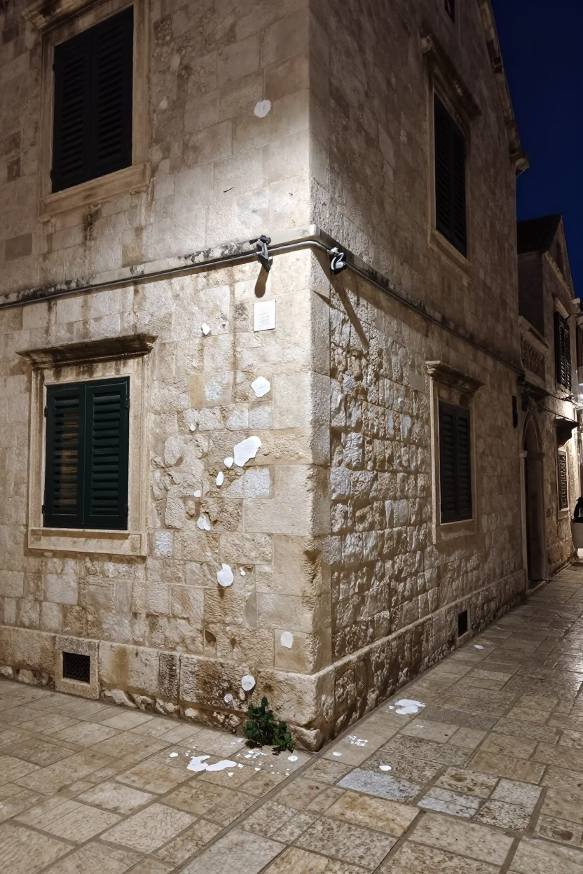 Late Night Dubrovnik Street Scene with Paint Flecks and Twine Spool in in Dubrovnik, Croatia
