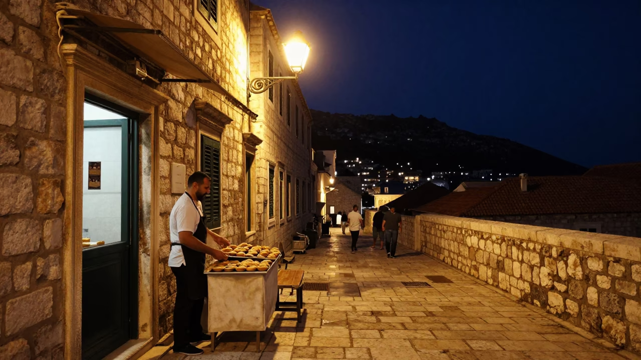 Late Night Dubrovnik Street Scene with Pastries and Whitewashed Walls in in Dubrovnik, Croatia