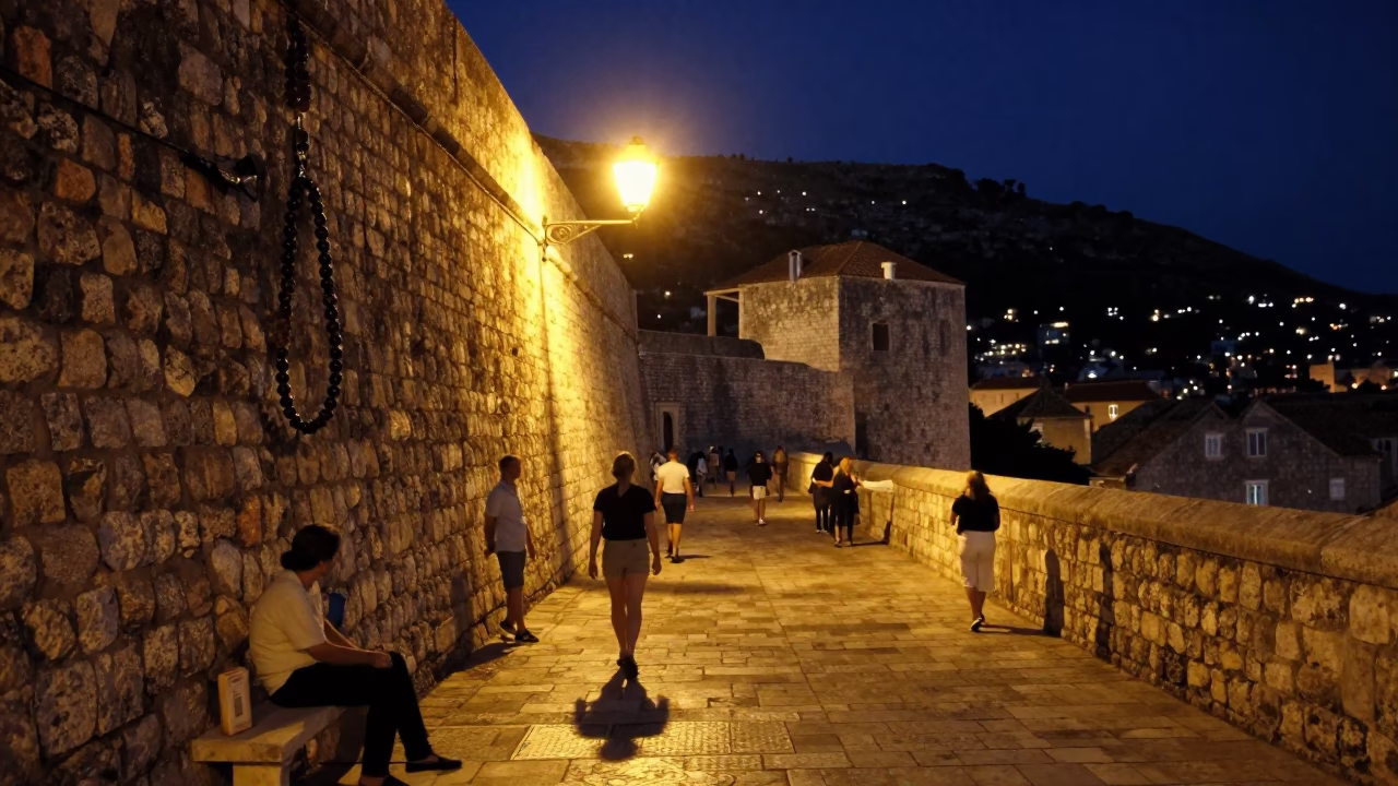 Late Night Dubrovnik Street Scene with Prayer Beads and Warm Lamplight in in Dubrovnik, Croatia