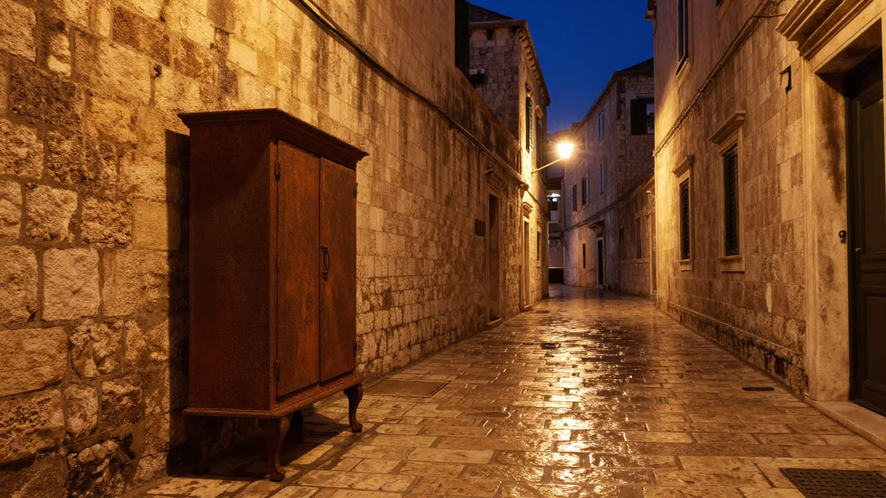 Late Night Dubrovnik Street Scene with Rusty Cabinet and Metal Rim in in Dubrovnik, Croatia