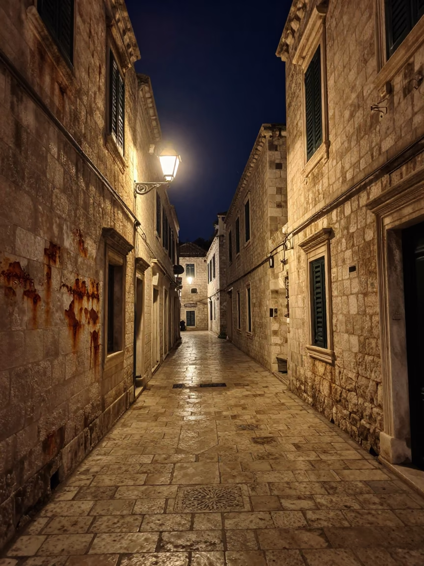 Late Night Dubrovnik Street Scene with Rusty Plaster and Vintage Lighting in in Dubrovnik, Croatia