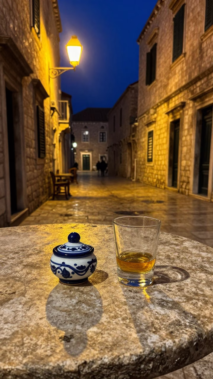 Late Night Dubrovnik Street Scene with Salt Cellar and Whisky Tumbler in in Dubrovnik, Croatia