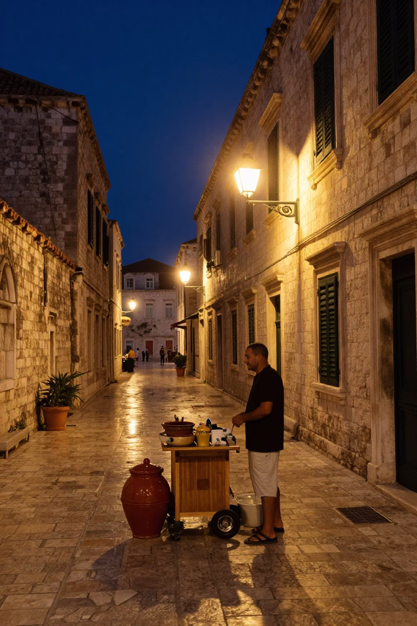 Late Night Dubrovnik Street Scene with Spice Jar and Stone Architecture in in Dubrovnik, Croatia