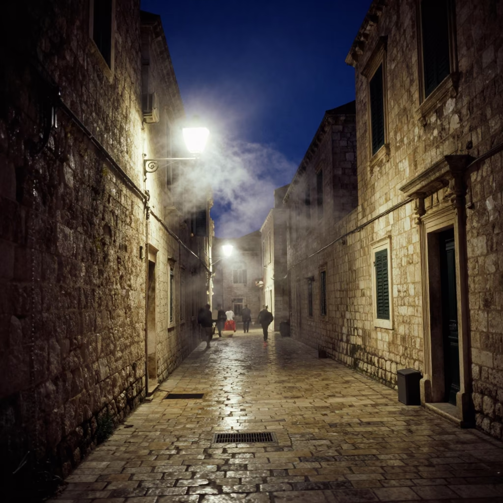 Late Night Dubrovnik Street Scene with Steam Haze and Rust Details on Ancient Stone in in Dubrovnik, Croatia