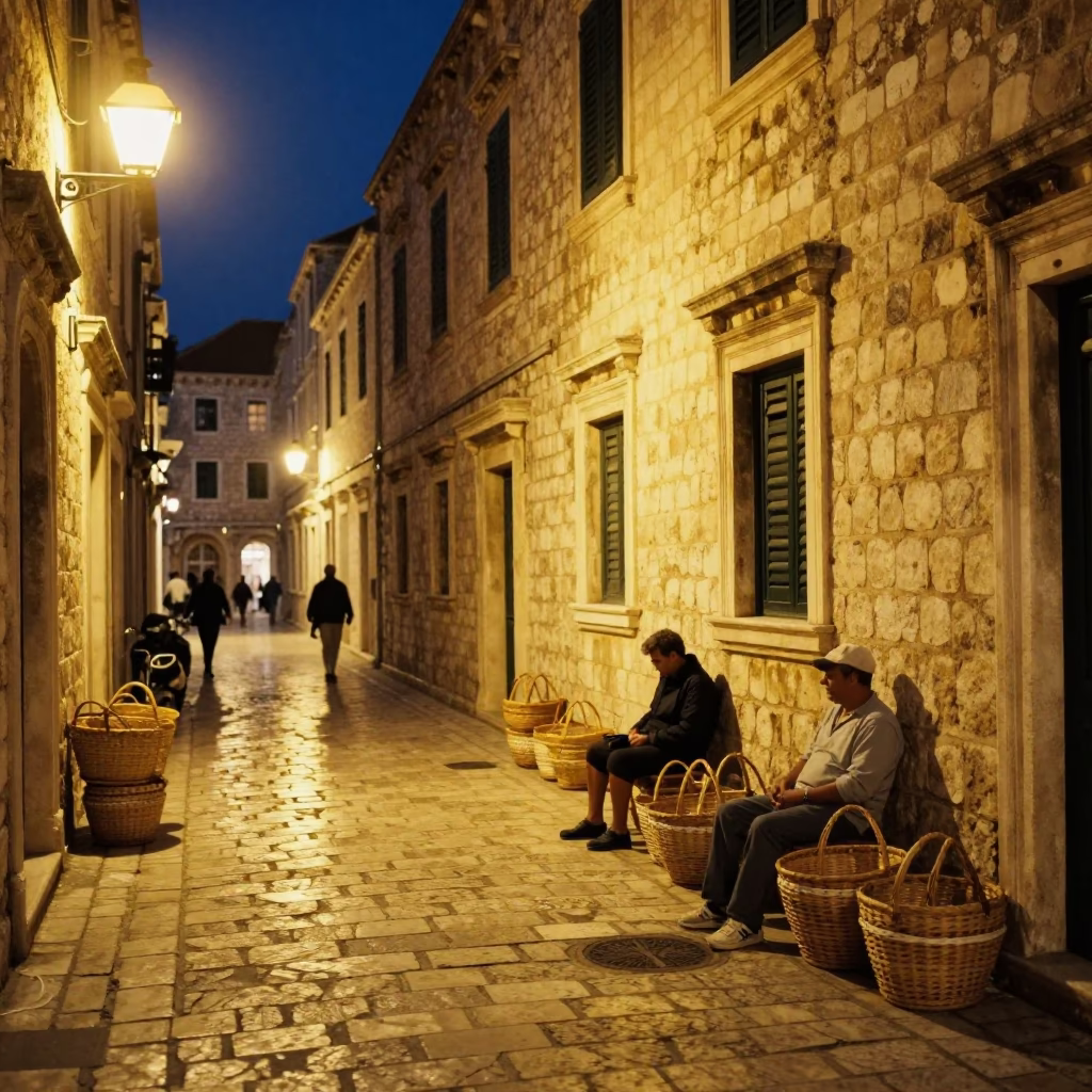 Late Night Dubrovnik Street Scene with Woven Baskets and Work Gloves in in Dubrovnik, Croatia